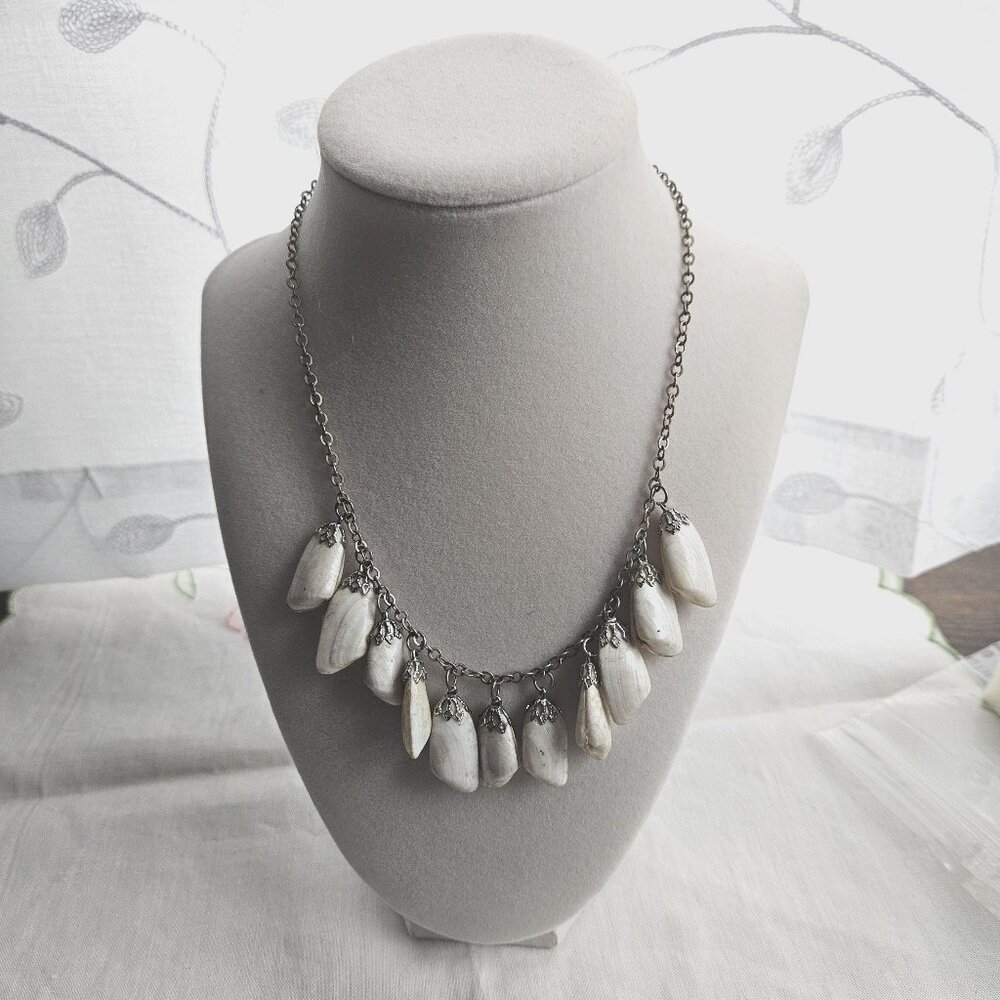 Vintage Germany Shell Necklace White Clam 24" Silver Tone